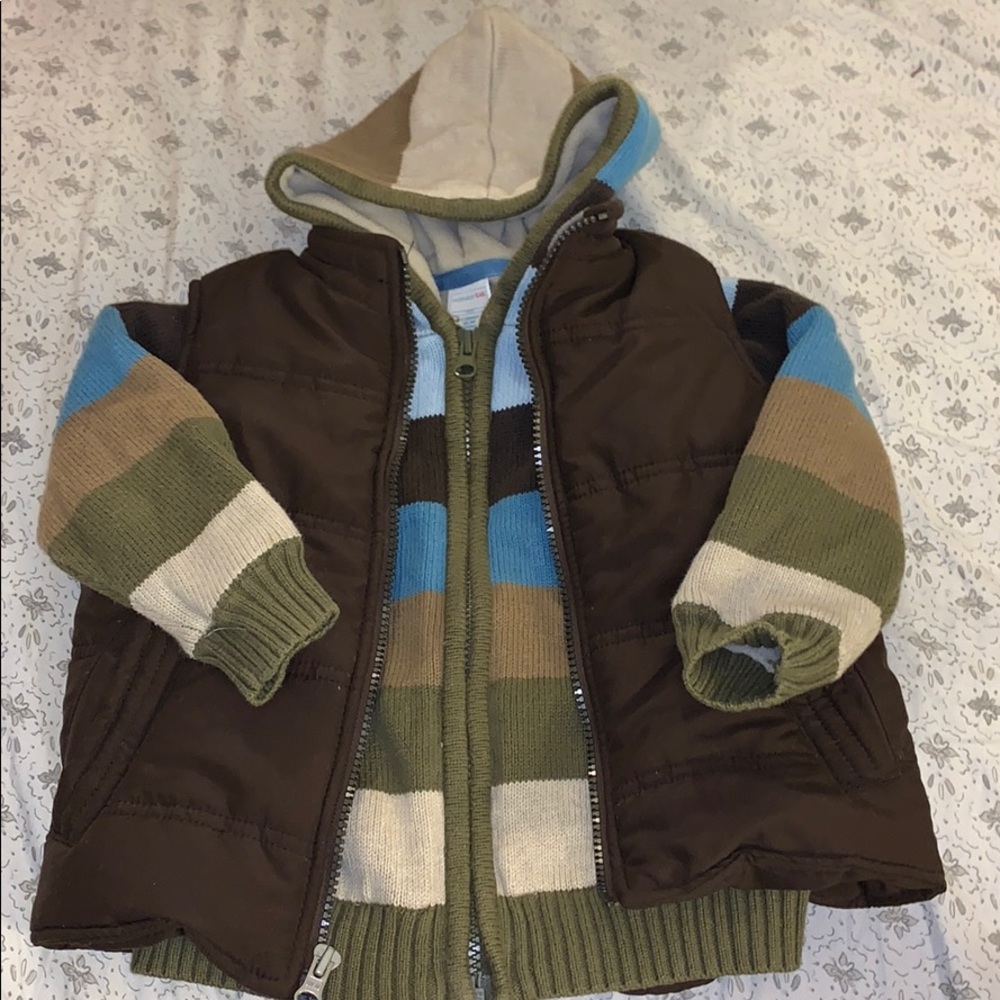 Fleece lined striped sweater 24 mos / puff vest 3T